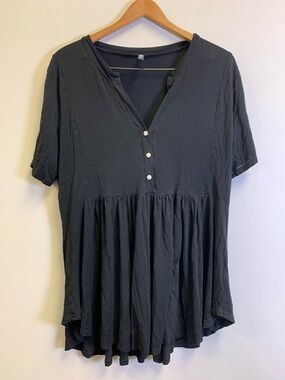 Allegrace Black V-Neck Babydoll Tunic Top with Buttons